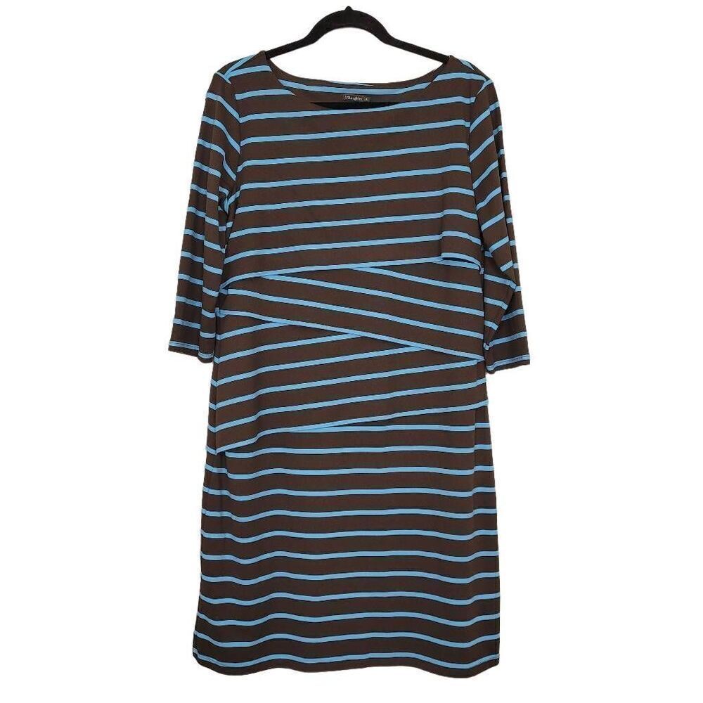 J. Mclaughlin Nicola Sheath Dress Sz XL Catalina Cloth Brown Blue Stripe Preppy